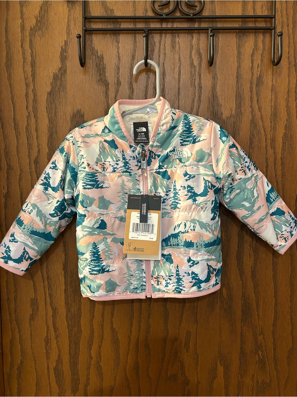 The North Face Kids Pink & Teal Mountain Print Puffer Reversible Jacket